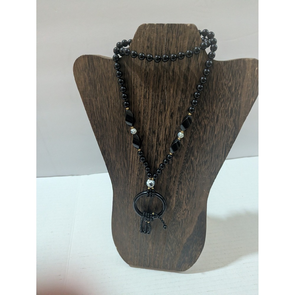 Black Beaded Necklace Floral Ceramic Accents Ring Pendant Tassel Boho Statement